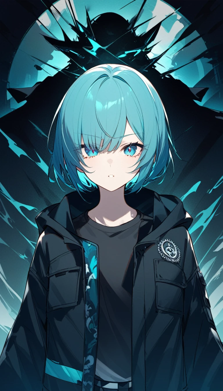 Cyan short hair，Black pupil，Wear a cotton jacket，The Scourge Messenger&#39;s personal ID is hung on his chest.，There are shorter deer ears on the head，Wear long pants，Leg loops on the legs，Wearing boots。