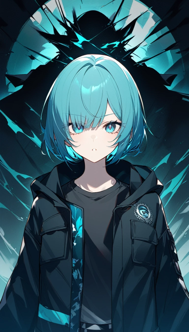 Cyan short hair，Black pupil，Wear a cotton jacket，The Scourge Messenger&#39;s personal ID is hung on his chest.，There are shorter deer ears on the head，Wear long pants，Leg loops on the legs，Wearing boots。