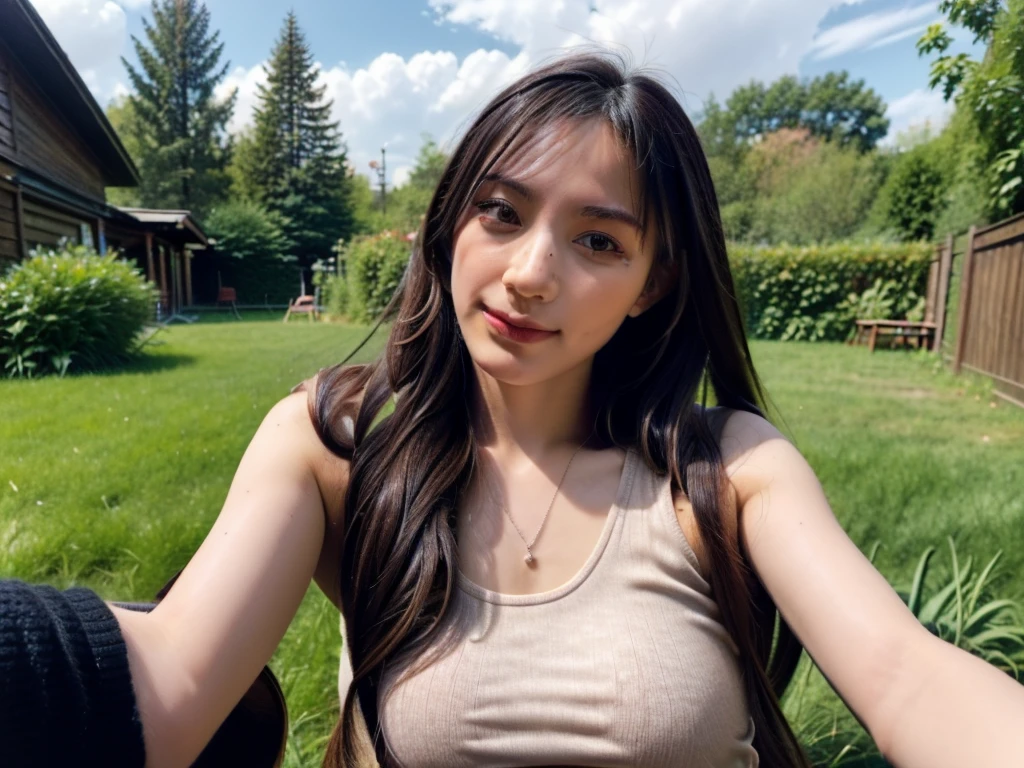 (best quality:1.4), (ultra highres:1.2), (photorealistic:1.4), (16k, RAW photo:1.2),(portrait shot:1.3), bmangpor, 1girl, solo, long hair, brown hair, knit tank top,  big breast, ((pov handjob)), a dick.