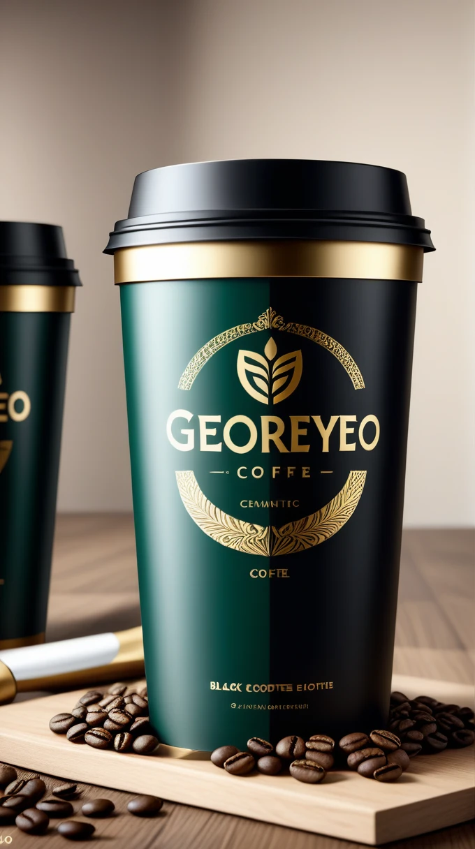 {A photorealistic design for a black coffee product named "GEORYEO" with a brush font in all capital letters, exuding charisma and glamour, the packaging features a dark green and gold color scheme, representing the authenticity of true black coffee flavor, high detail, sharp focus, 8K resolution, professional design, luxurious and sophisticated appearance, with intricate patterns and golden accents that highlight the premium quality of the product, cinematic lighting} 24mm, (analog, cinematic, film grain:1.3), Bokeh DOF