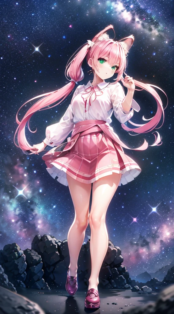 High detail, Super detailed, Ultra-high resolution, A girl having fun in a dreamlike galaxy, Surrounded by stars, The warm light that shines on her, Starry background with colorful galaxies and galactic clouds, The stars fly around her, Add a playful touch ,(((Pink long hair)))、(((Half Twin Tail)))、solo、Green Eyes、skirt、(((long back hair)))、shirt、shoes下、(Blue waistband)、白いshirt、格子縞のskirt、Plaid、sleevesa rolled up、chest、襟付きshirt、ribbon、Knee-high、bangs、shoes、(茶色のskirt)、赤いribbon、(茶色のプリーツskirt)、Mouth closed、ネックribbon、Medium breast 、Beautiful female fingers、Accurate Fingers、