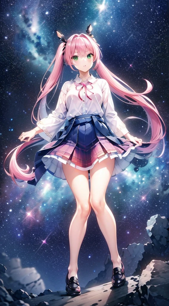 High detail, Super detailed, Ultra-high resolution, A girl having fun in a dreamlike galaxy, Surrounded by stars, The warm light that shines on her, Starry background with colorful galaxies and galactic clouds, The stars fly around her, Add a playful touch ,(((Pink long hair)))、(((Half Twin Tail)))、solo、Green Eyes、skirt、(((long back hair)))、shirt、shoes下、(Blue waistband)、白いshirt、格子縞のskirt、Plaid、sleevesa rolled up、chest、襟付きshirt、ribbon、Knee-high、bangs、shoes、(茶色のskirt)、赤いribbon、(茶色のプリーツskirt)、Mouth closed、ネックribbon、Medium breast 、Beautiful female fingers、Accurate Fingers、