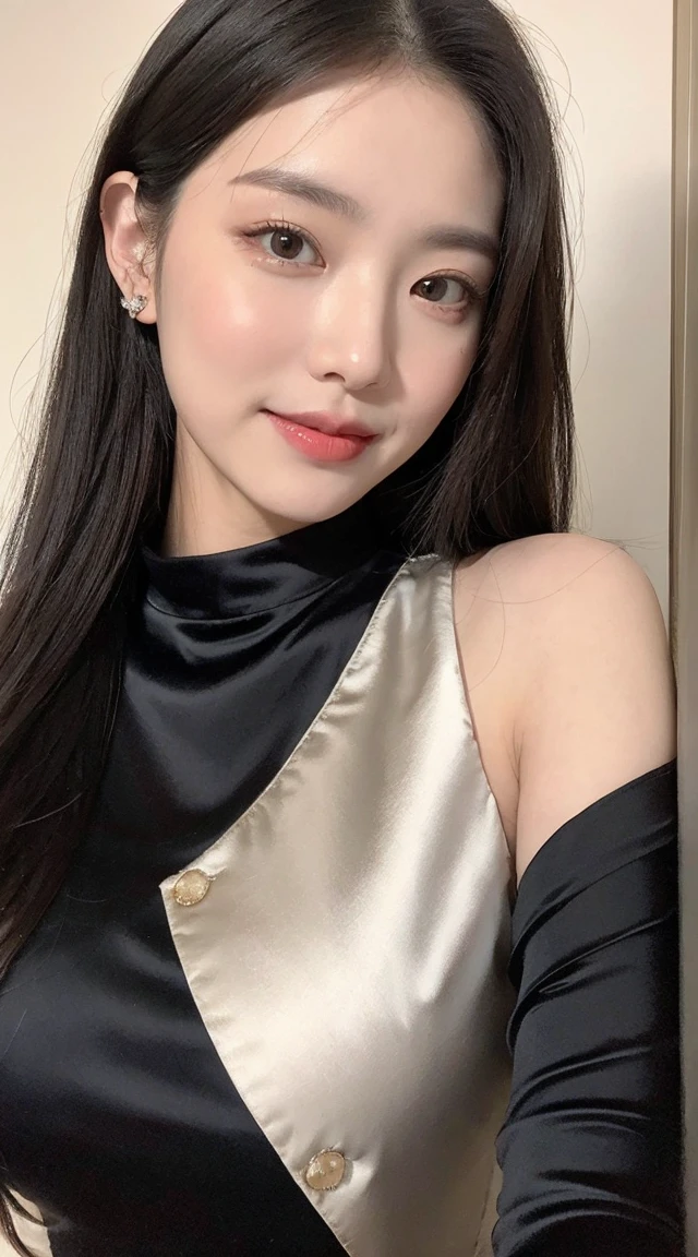 (Top quantity, 8K, masterpiece:1.3)), A beautiful maiden,pure,Oval face,Gentle and lovely,Sweet smile,pure desire,Thin body,(front),Look directly into the camera,, Heart, formal,Black silk long, #11: Long Layered Hair,Long hair spread over shoulders,Big round black eyes,Clear big eyes,Hydrating red lips,Sweet,Sitting by the pool,Blue sky白云,Blue sky,
