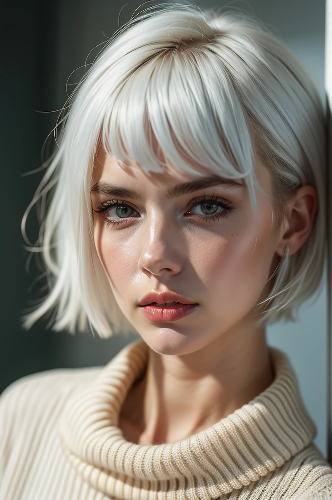 Instagram Photos, French woman, 21 years old, square hair cut,White hair, Close-up portrait, sweater, Neckline, pale, Sharp Shadow