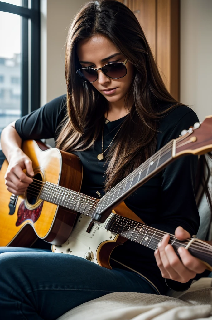 A stunning high-resolution photo of a talented guitarist with long, slick hair and clear sunglasses. The guitarist is playing a captivating melody for a patient in a hospital room. The photo, taken with a 50-megapixel camera, captures every detail and shows no signs of editing errors. The realistic and detailed image conveys a strong emotional connection between the musician and the patient, creating an intimate and heartwarming atmosphere.