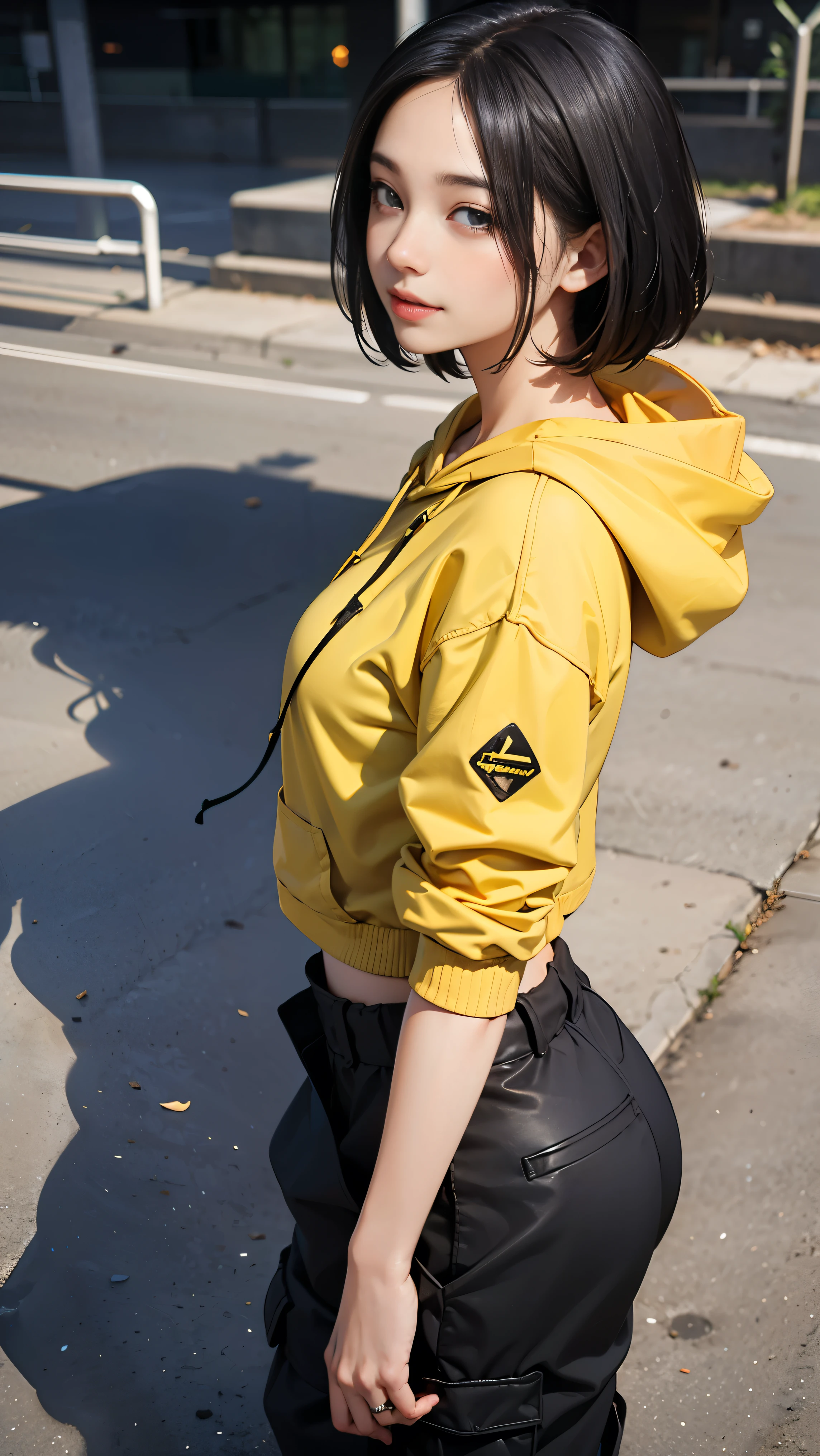 (masterpiece,best quality:1.2),(8k),shiny skin,detailed skin,detailed face,detailed eyes,1girl,beautiful face,black hair,straight_hair,early teen,cowboy_shot,depth of field,(looking_to_the_side:1.2),looking_afar,looking_up,crazy_smile,from_above,bob cut,short hair,medium breasts,((hip-hop girl:1.3)),((yellow and black hoodie:1.2)),((black cargo pants)),ダンススタジオ