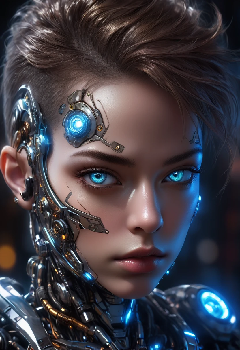 cinematic closeup portrait of shawt as a cyborg from dc comics, highly detailed cybernetic face, glowing cybernetic eyes, intricate mechanical parts, metallic skin, complex circuitry, futuristic design, dark moody lighting, dramatic shadows, cinematic composition, realistic rendering, hyper detailed, 8k, photorealistic