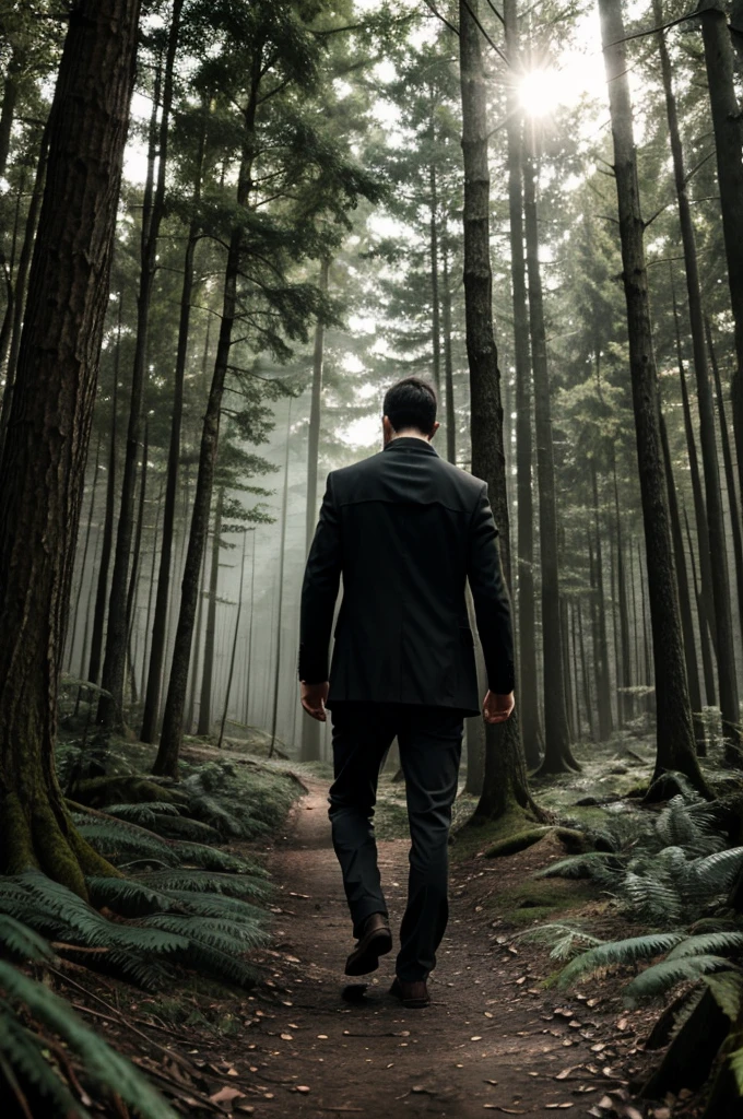 Make the forest go darker and darker as the man walks in the forest