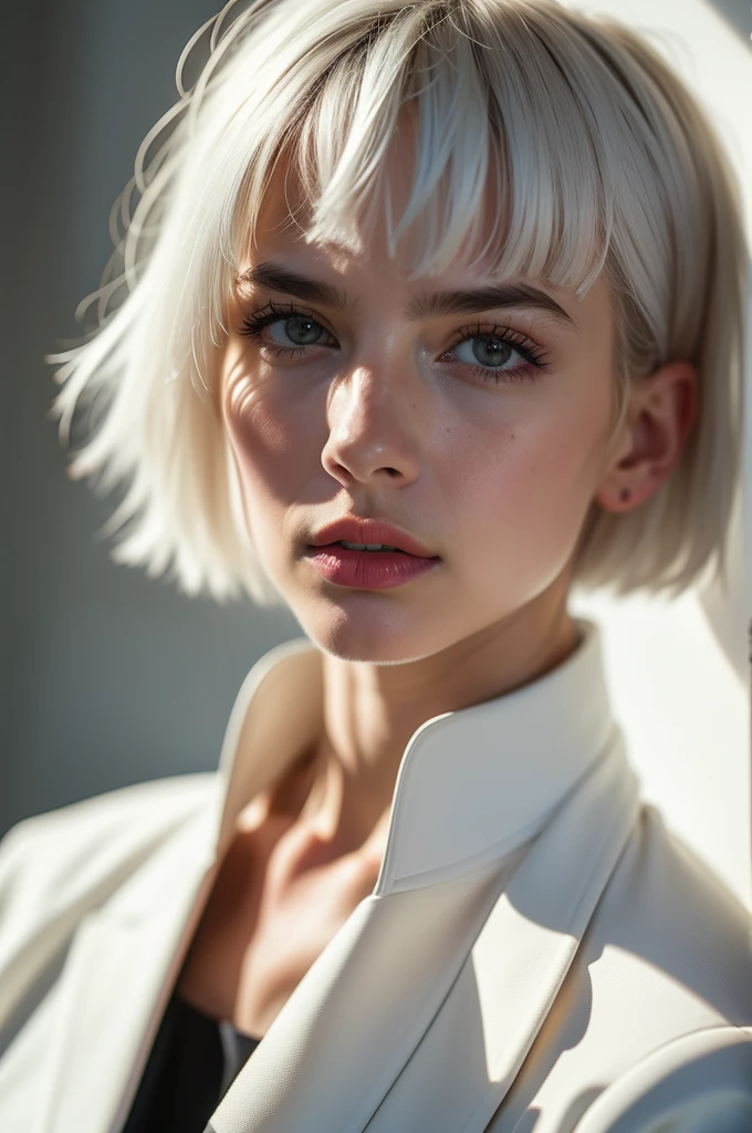 Instagram Photos, French woman, 21 years old, square hair cut,White hair, Close-up portrait, Jacket,shirt, Neckline, pale, Sharp Shadow