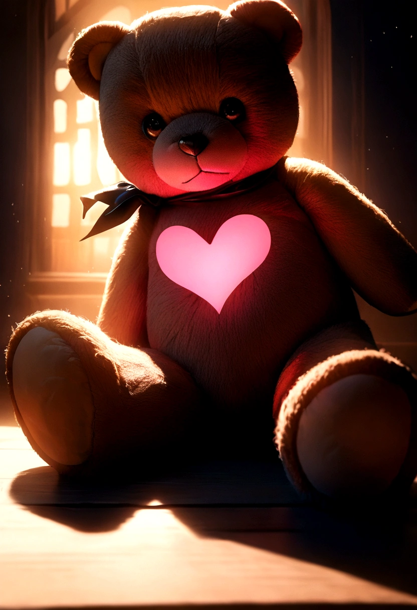 a teddy bear with a heart that writes "Hasimbola Love Henintsoa", 1 teddy bear, heart-shaped text, extremely detailed, photorealistic, cinematic lighting, intricate details, soft lighting, high contrast, dramatic lighting, glowing heart, warm colors, pastel colors