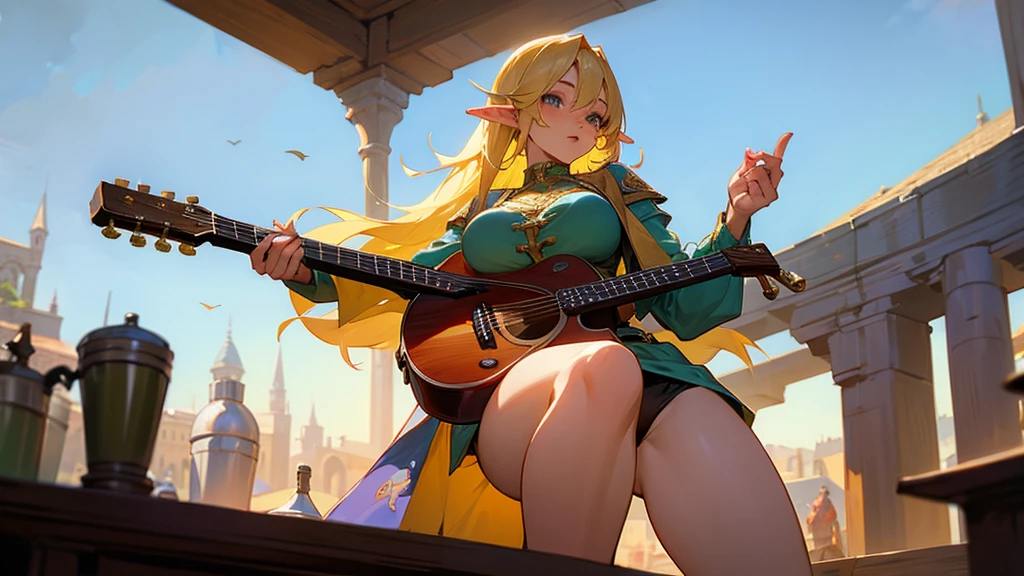 Anime Style,Nostalgic,Detailed background,The medieval world,A lively bar with lots of people,Beautiful sky,Beautiful Elf Bard,guitar,Large Breasts,Healthy thighs