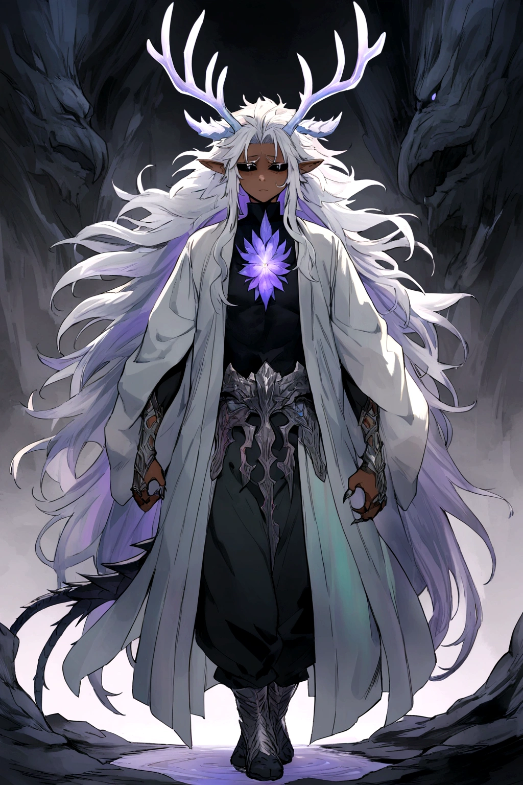 Solo, male teen, Character fusion: Nibelung fused with nidhoggr, odin and sun wukong, tall tanned man with wild unruly white hair, bangs on face, bangs, ((iridescent irises)), black sclera on eyes, long voluminous hair, spiky hair, pointy ears, fit , clawed fingers, dragon tail, open haori, turtleneck tanktop, dark crystal antlers, exhausted expression, khaenr'ah abyss, draconic person, calamity incarnate, full body