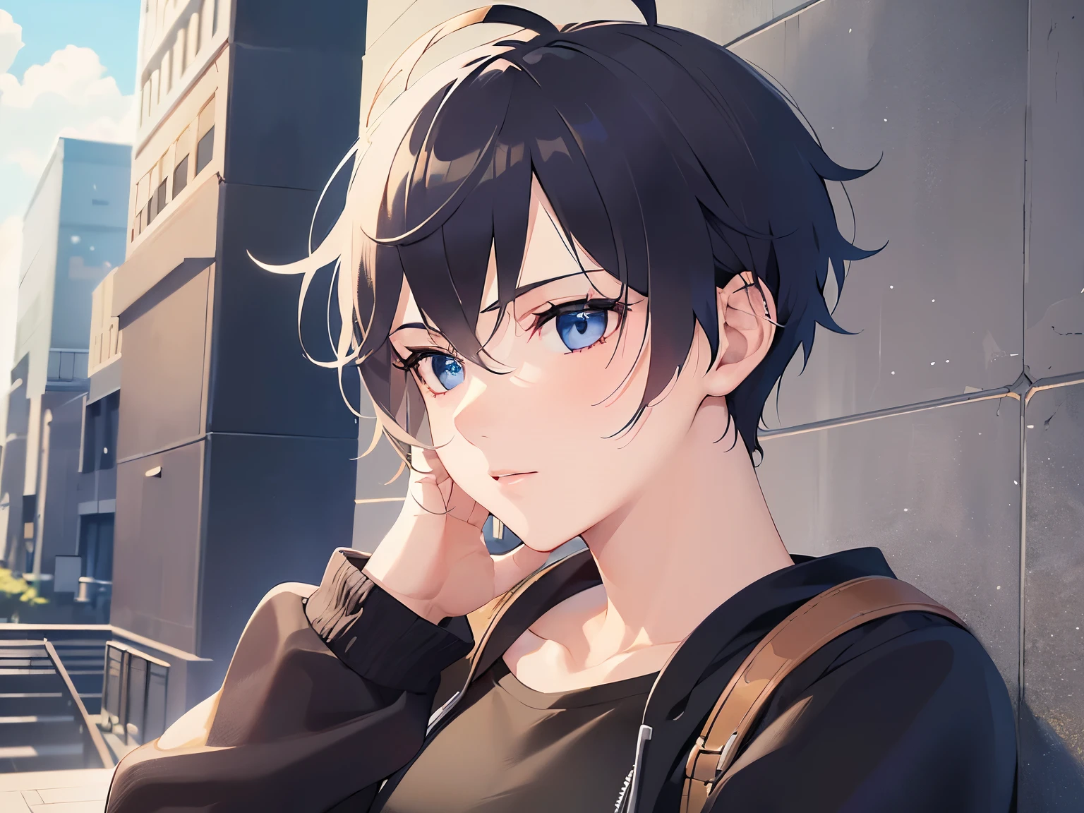 Detailed CG,Ultra-fine illustrations,masterpiece,Highest quality,Shiny skin,BREAK(26 year old male:1.5)BREAK,(Black Short Hair)and(blue eyes),BREAK(Black T-shirt)BREAK,(confused),(shy:1.1),(looking away:1.5),The background is the city,Alone,(Placing hand on face:1.3),(Biologically correct5Finger)