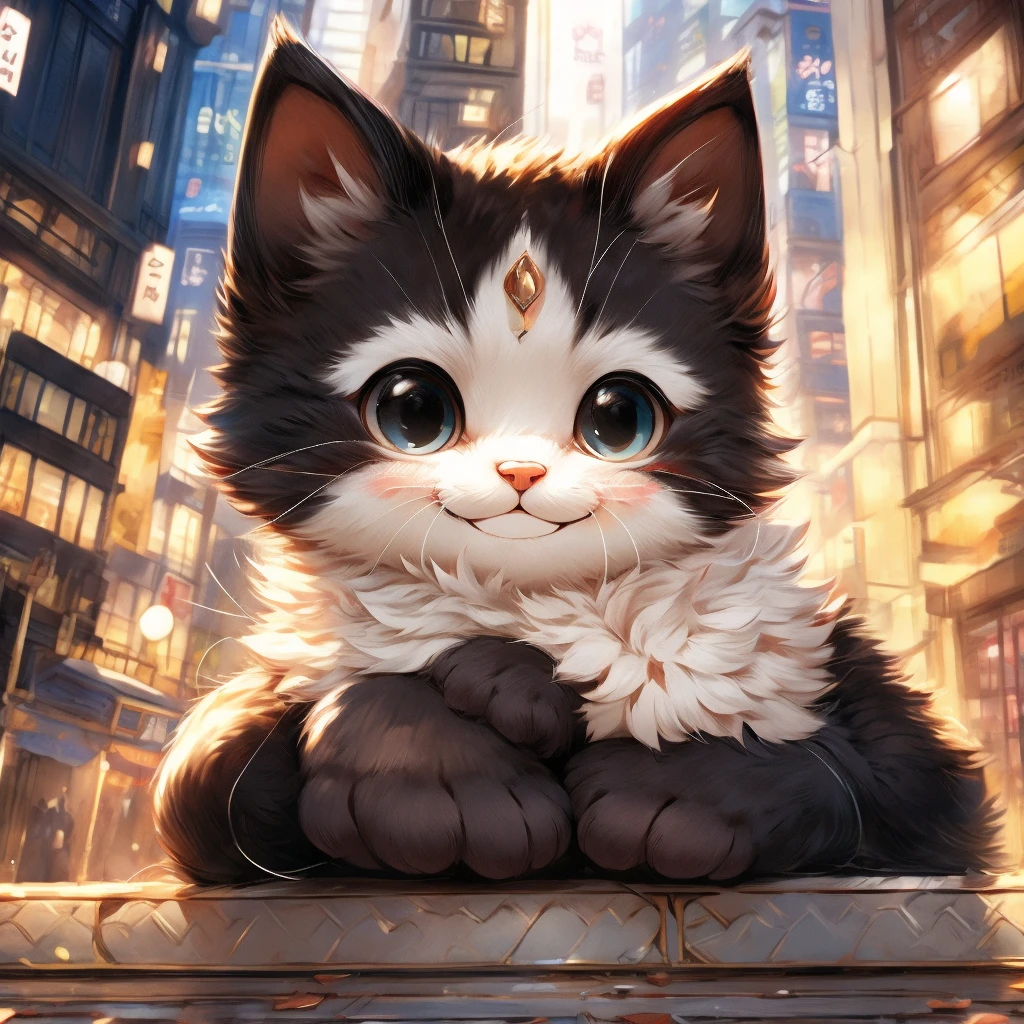 In the city、1 black kitten、(((Round white fur on forehead:1.3)))、(((smile:3.0)))