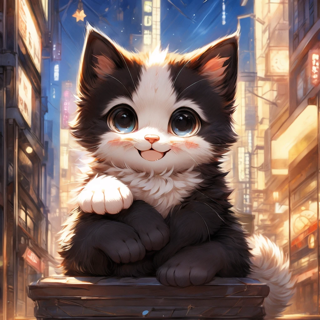 In the city、1 black kitten、(((Round white fur on forehead:1.3)))、(((smile:3.0)))