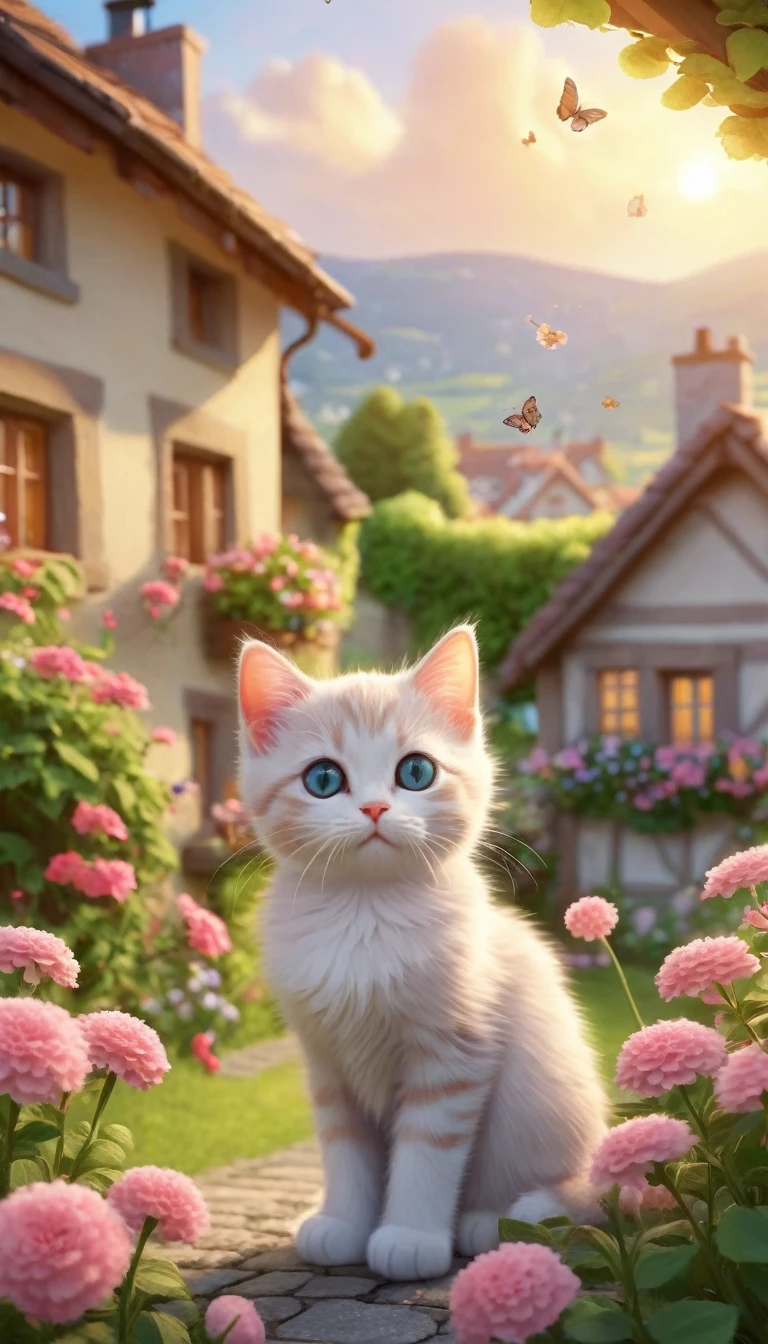 Create a charming and pleasing image featuring a cute cat. Draw a fluffy, Kitten with wide eyes，With a playful expression, Sitting in a room full of oversized, Colorful flowers and flying butterflies. The kitten&#39;s fur is soft and fluffy, With a unique pattern，Make it stand out. The kitten is surrounded by small, Magical elements such as fireflies, Little Fairy, The sparkling dewdrops add a touch of magic to the scene.

In the background, Warm, Picturesque cottage，With thatched roofs and blooming vines, Adds to the idyllic and magical atmosphere. The sky presents a soft gradient of colors, Indicates dawn or dusk, Show tenderness, The whole scene is filled with warm light. The colors should be bright and cheerful, A fusion of natural tones and dreamy colors.

The whole image should evoke a feeling of warmth, joy, And want to know, Capturing the heart-warming cuteness of kittens，Immerse the audience in exquisite, Wizarding World.