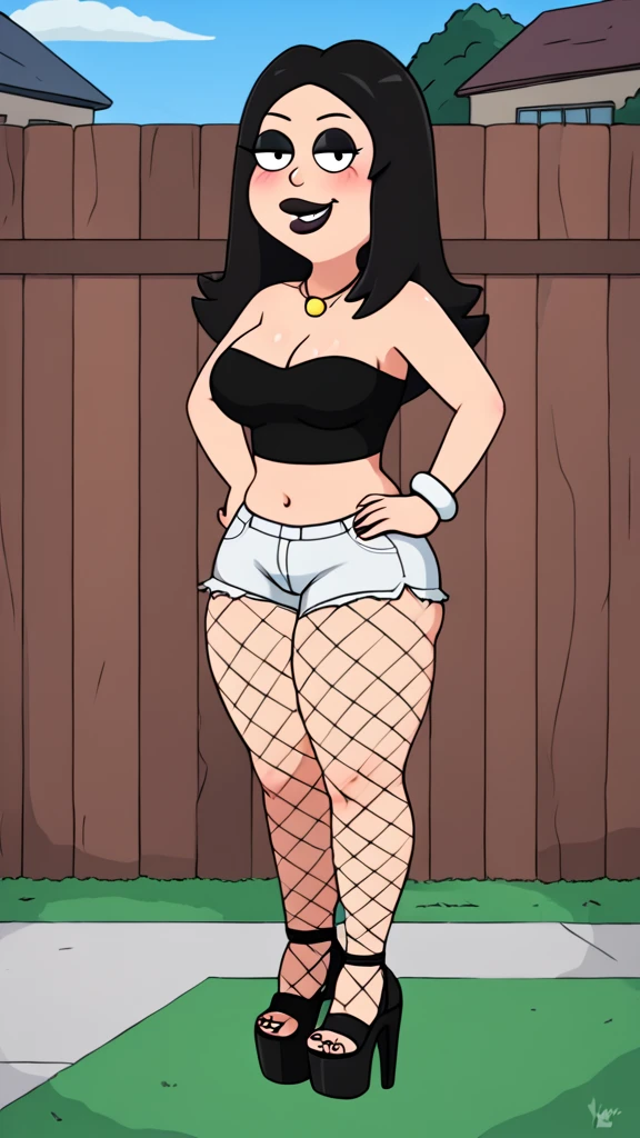 francine, flat color, black hair, 1girl, long hair, white braclet, medium breasts, solo, necklace, cleavage, tight strapless black crop-top, white short shorts, black lips, nsfw, standing, looking at viewer, outdoors, full-body, smile, blushing, open-toe platform high heels, black eyeliner, multiple tattoos, plump mouth, fishnet leggings, thick thighs