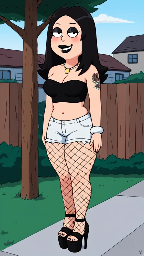 francine, flat color, black hair, 1girl, long hair, white braclet, medium breasts, solo, necklace, cleavage, tight strapless black crop-top, white short shorts, black lips, nsfw, standing, looking at viewer, outdoors, full-body, smile, blushing, open-toe platform high heels, black eyeliner, multiple tattoos, plump mouth, fishnet leggings, thick thighs
