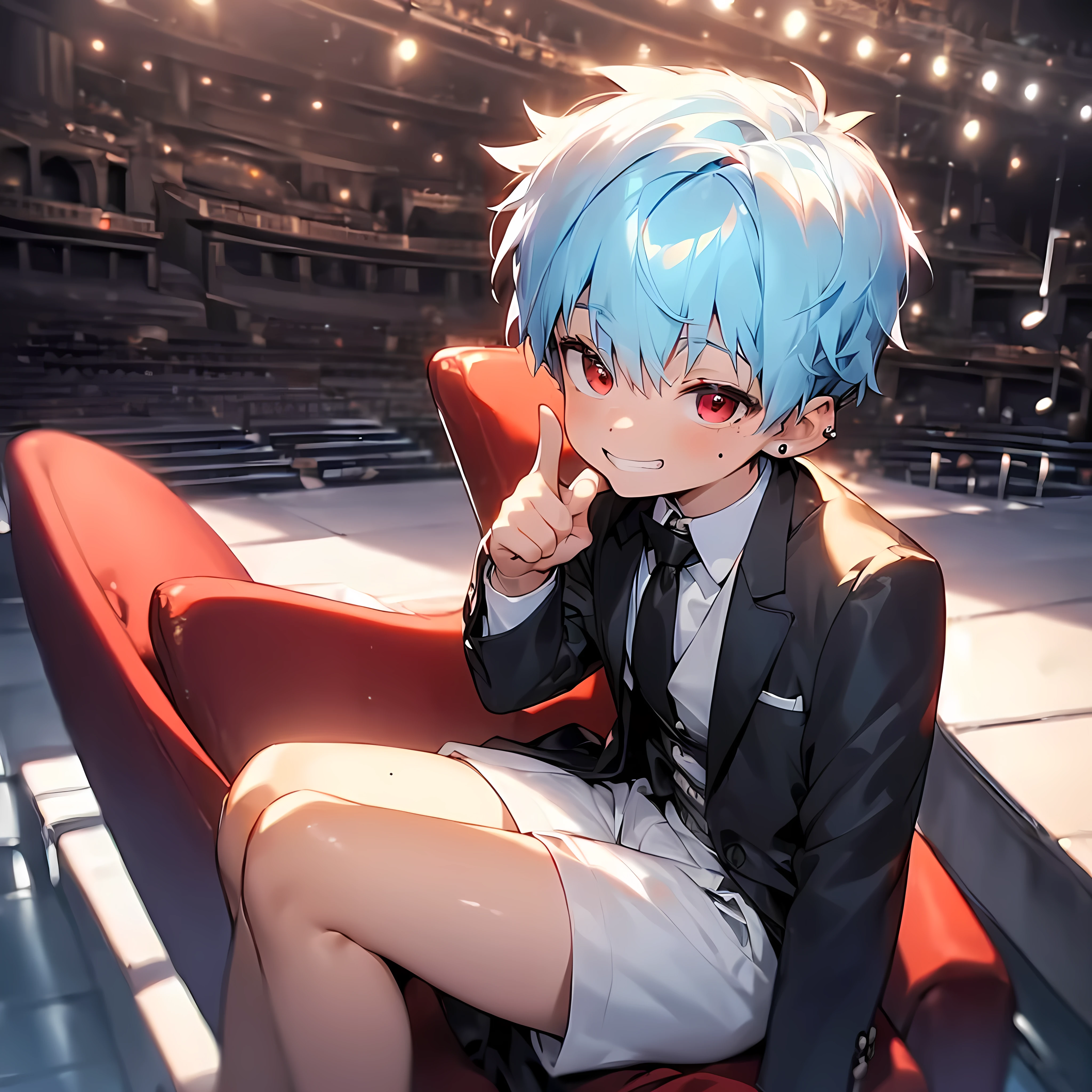 (solo:2.5), (boldline:-1.7), (put index finger on mouth:1.5), (((((musical notes))))), (sitting on red chair:1.5), (((fang))), (((best finger))), BREAK (best quality:1.5), (absolutely resolution:1.5), (ultra detailed:1.5), (masterpiece:1.5), (perfect face), (detailed face), (detailed eyes), (best eyes), (cute face), (shota:2), BREAK (tuxedo:1.5), (skinny:1.3), (spiked hair), BREAK (light blue hair:1.5), (wine red eyes:1.4), (eyes with highlight:1.6), ((mole under eye)), (sweaty skin), (grin:1.5), ((earrings)), (shiny skin:1.3), BREAK (concert hall:1.5), (spot light:1.3), (at concert), (many people), ((wind blowing)), frow below,