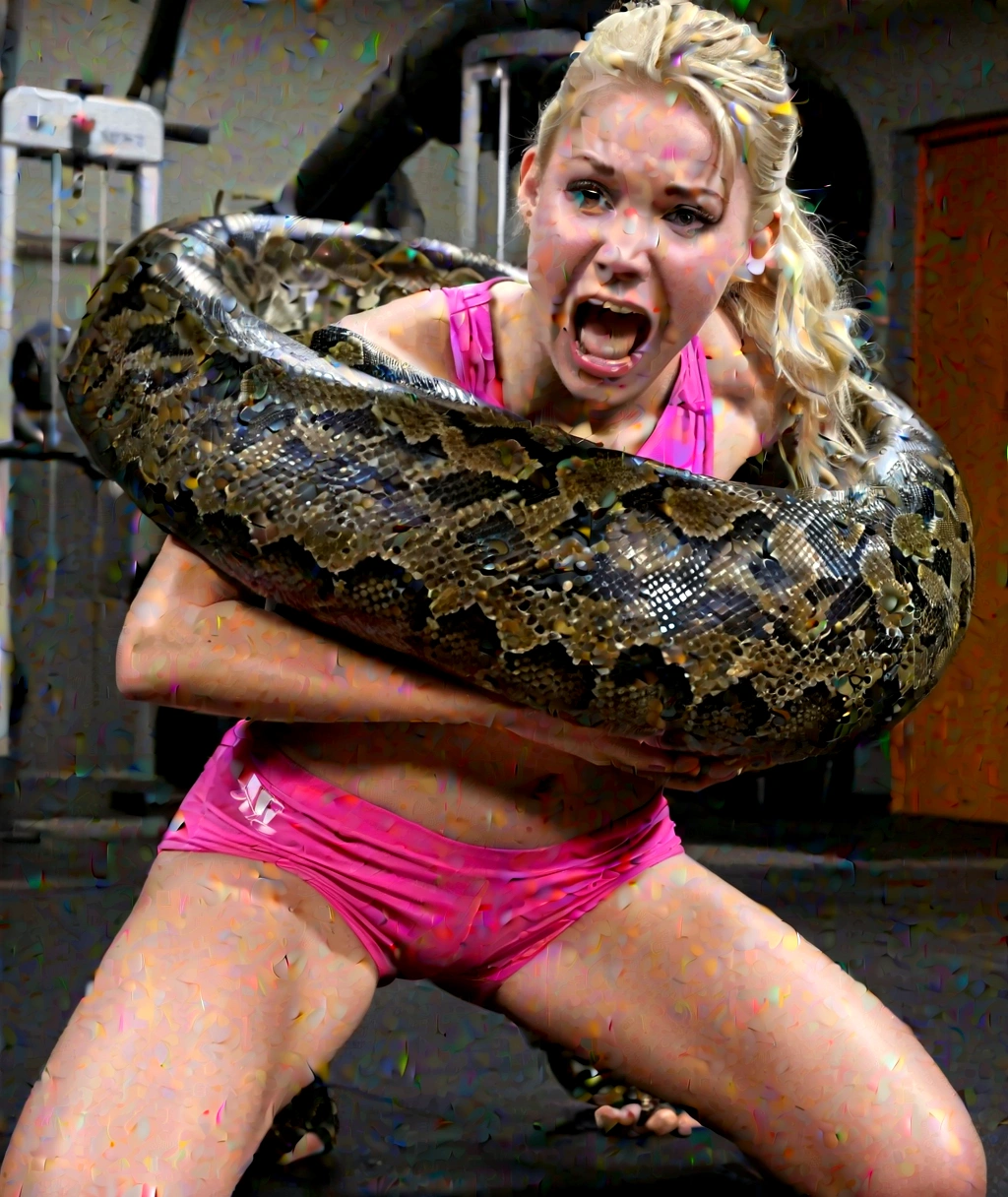 Pink booty shorts Happy , aroused 1girl), beautiful kneeling young blonde teen girl with giant colossal black titanboa ueezing her hard, wrapped in thick spiraling coils, constricted, struggle, gasping for air, snake attack, snake peril, moonless night, dim light