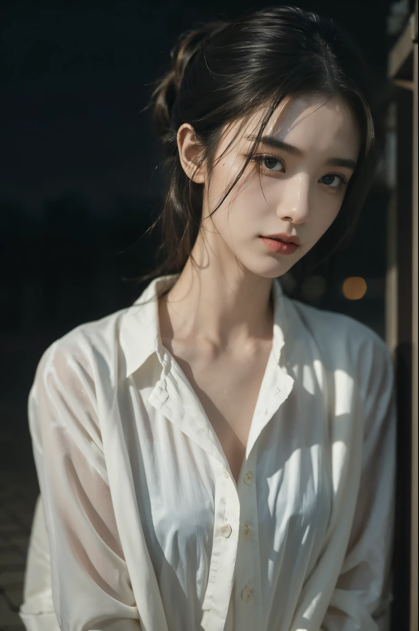 (((best quality))),(((ultra detailed))),(((masterpiece))),illustration,1girl, young,solo, slim,thin,short ponytail,small breasts,flat chest,white collared shirt,shorts,standing,arms behind back,rainy night, heavy rain, drenched clothes, melancholy expression, solitude, tear rolling down cheek, wet hair, empty streets, dimly lit, deserted environment, sound of rain, footsteps, symbol of hope, abandoned, resilience, determination, walking in rain, heartbreak, loss, love fading, loneliness, body language, facial expression, dreary atmosphere, rain-soaked streets, somber mood, viewer engagement,((upper body,from front)),urban scape,night scene
