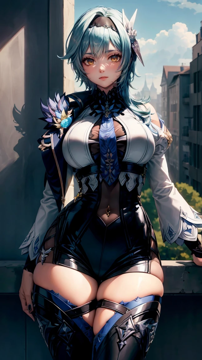 absurdities, high resolution, Very detailed, (Official Art, beautiful and aesthetic:1.2), ultra detail, beautiful face, ((mature woman)), 1woman, eula, black hair band, blue fur, hair ornament, hair band, short hair, yellow eyes, blush, loving smile, Wide hips, thick thighs, neckline, ((Long sleeved shirt)) with ((High waist skirt)), suspenders, black stockings, ((seductive pose)), (apartment balcony), dynamic lighting, DYNAMIC SHADOWS, ((proportional body)), ((Apoyado withtra la pared))