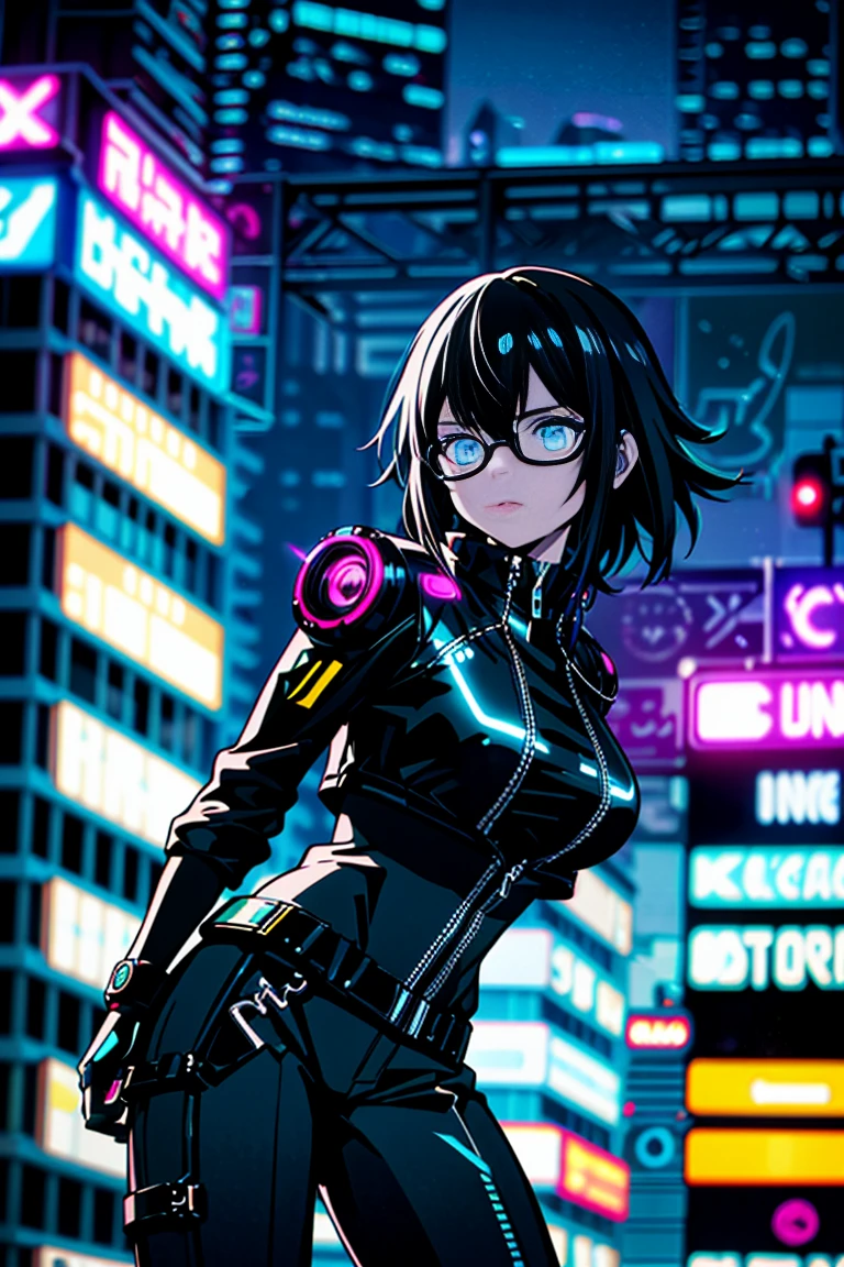 1 girl ,Masterpiece, Best Quality, ultra detailed, illustration, Cyberpunk rebel hackers style: Futuristic city quality: Sharp and dynamic, Character representation: A character who is an expert in lighting technology: The city's neon lights reflect its cybernetic improvements.. shading: Strong contrasts emphasize its confident and bold nature.. Clothes: Leather jacket with high-tech leggings. (black t-shirt), augmented reality glasses background: Alleys filled with holographic graffiti and neon signs, listening to music with headphones using a walkman, with a black and white Pikachu printed on his t-shirt