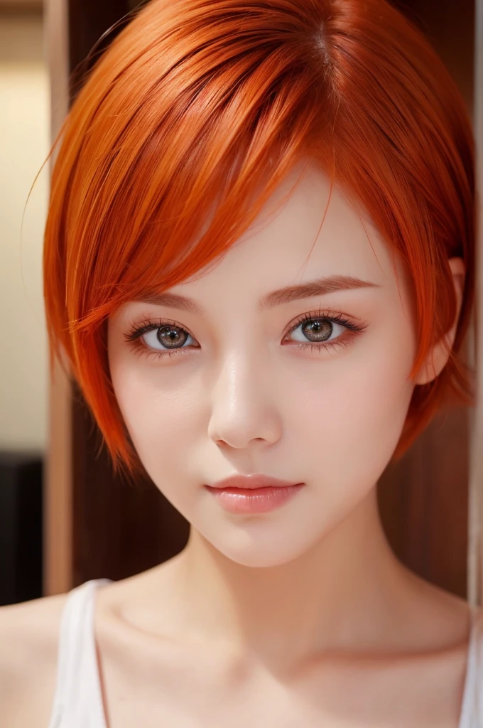 Highest quality、Super beautiful face、Super beautiful eyes、woman、(1 person)、30 years old、Orange Hair、Super short hair、Unshaven、Hair between the eyes、Red Eyes、