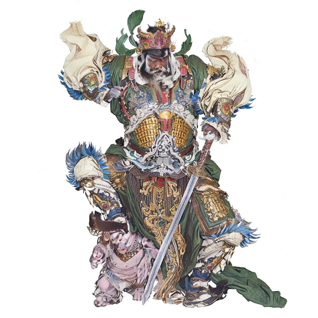 a fierce dark skin chinese warrior, wearing armour, holding a sword, stepping on a pink goblin, wild beard