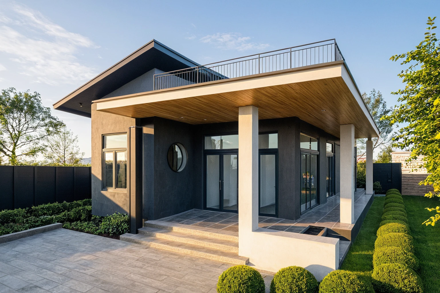 head of'artwork, High quality, best quality, authentique, great detail, En plein air, villa de plain-piedXL, credit group, style de maison moderne dans la rue ,stairs, white wall ,road,pavement, grass, trees, sky, nuvens, (day light:1.1)