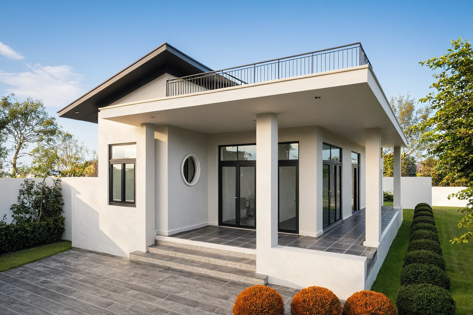 head of'artwork, High quality, best quality, authentique, great detail, En plein air, villa de plain-piedXL, credit group, style de maison moderne dans la rue ,stairs, white wall ,road,pavement, grass, trees, sky, nuvens, (day light:1.1)
