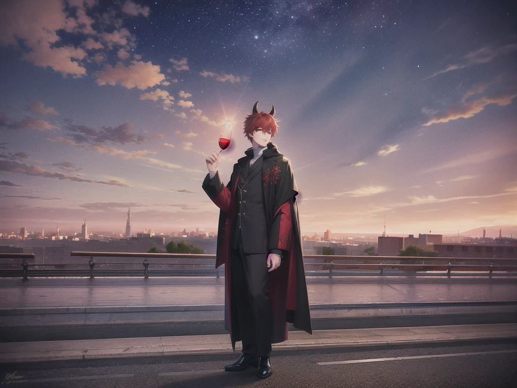 (((male))), (((best quality))), (((masterpiece))), exceptionally handsome man, 25 year old man with perfect body, Paris fashion week model, red hair, red eyes, black clothes, two black horns, 4k, 8k, best quality, portrait, full body shot, wide angle, octane, sky, stars (sky), landscape, starry sky, night,