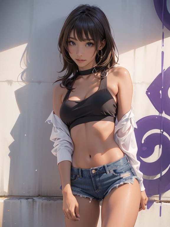 ((((Brown Skin、Dark Skin、Black Skin、Ultra-Realistic Skin))))One girl、Long Hair、Age 25、Oversized udder、Shapely super big breasts、Cotton crop top、((Denim mini skirt、Extremely short length 、rose、Cotton crop top))、choker、(Graffiti:1.5)、Purple Splash。、Arms behind your back、Leaning against a wall、Facing the viewer from the front。、Thigh straps、Tilt your head、boredom、Watery eye、((Composition from below、knees))