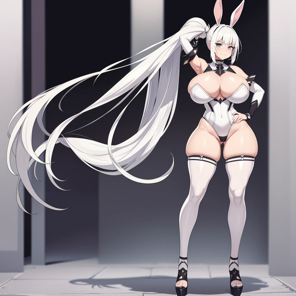 bunny girl, solo, white fantasy Healer's armor, grey eyes, long white hair, bushy ponytail, bushy bangs, full body, standing, full body shot, looking at viewer, shy smile, skindetantion, skindentation on breasts, seductive, huge hips, huge breasts, huge thighs, huge ass, white bunny ears with black tips, dark eye shadow