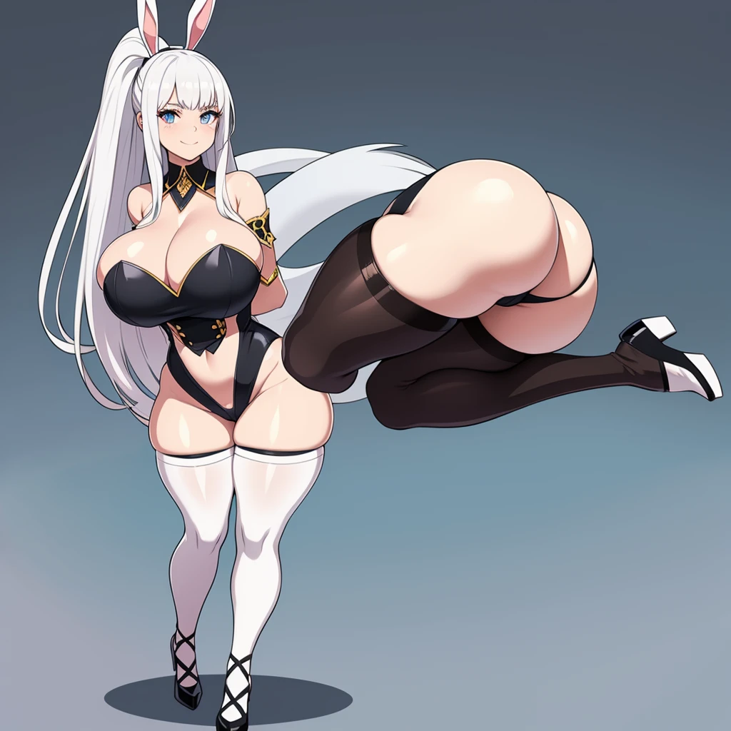 bunny girl, solo, white fantasy Healer's armor, grey eyes, long white hair, bushy ponytail, bushy bangs, full body, standing, full body shot, looking at viewer, shy smile, skindetantion, skindentation on breasts, seductive, huge hips, huge breasts, huge thighs, huge ass, white bunny ears with black tips, dark eye shadow