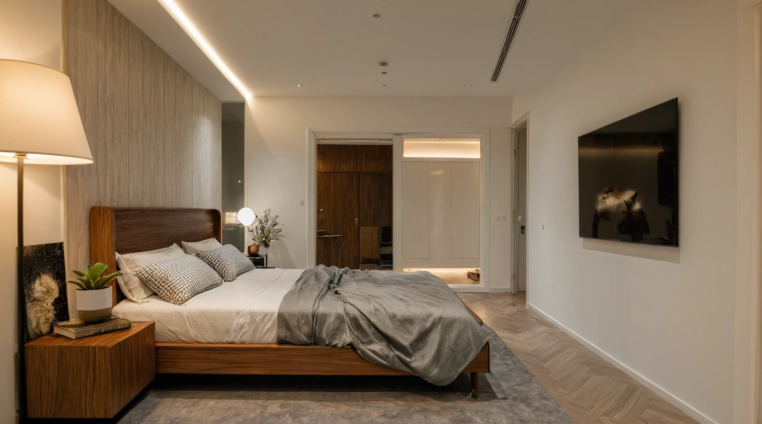 Raw photo,Masterpiece, high quality, best quality, authentic, super detail, interior, indoors, style Indochine modern, minimalist line, aiaigroup , wooden, walnut veneer wood, led light, white paint wall, sofa, BED RooM, day light, atrium