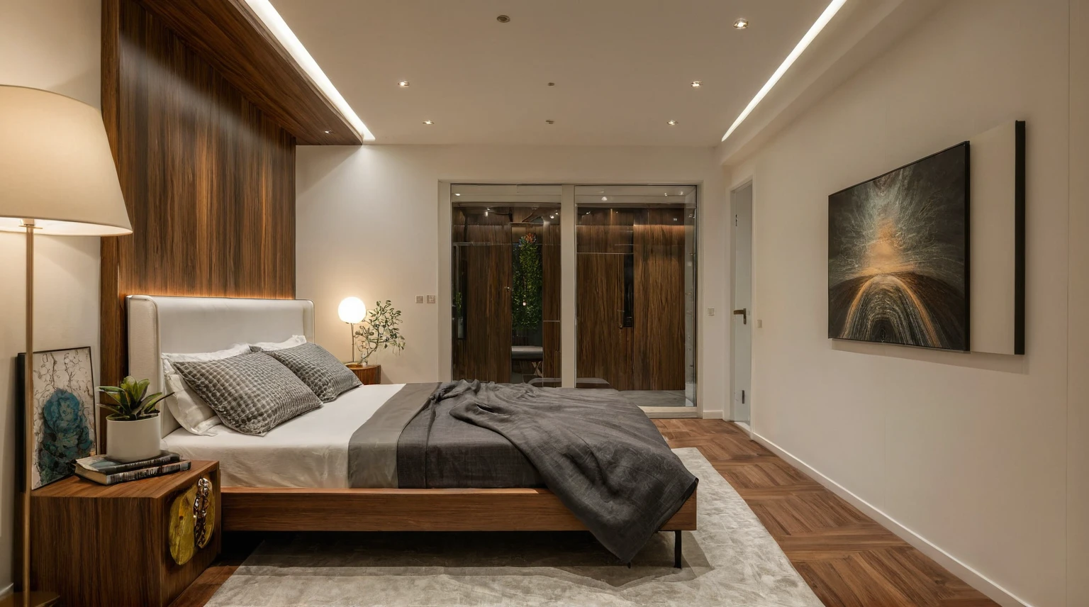 Raw photo,Masterpiece, high quality, best quality, authentic, super detail, interior, indoors,  style Indochine modern, minimalist line, aiaigroup , wooden, walnut veneer wood, led light, white paint wall, sofa, BED RooM, day light, atrium