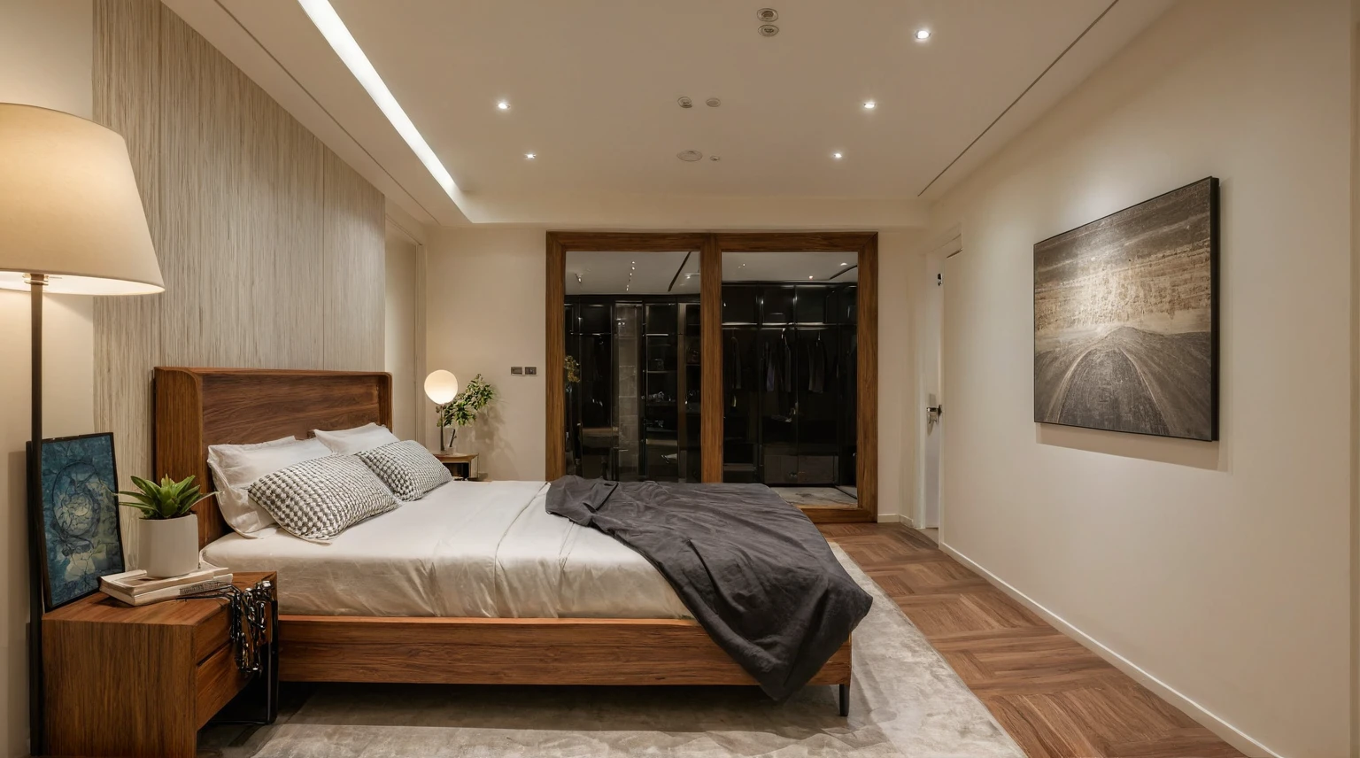 Raw photo,Masterpiece, high quality, best quality, authentic, super detail, interior, indoors, style Indochine modern, minimalist line, aiaigroup , wooden, walnut veneer wood, led light, white paint wall, sofa, BED RooM, day light, atrium
