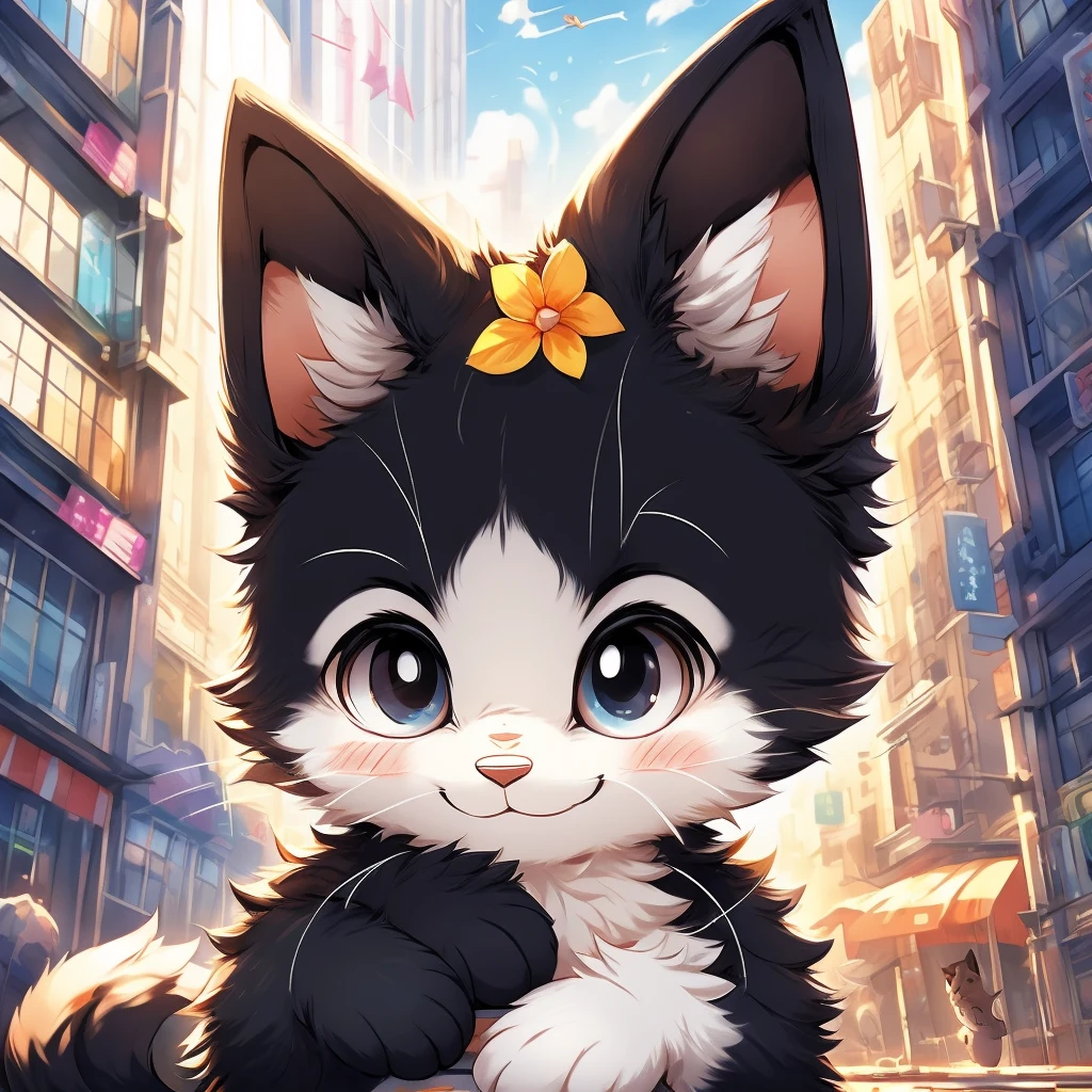 In the city、1 black kitten、(((Round white fur on forehead:1.3)))、(((smile:3.0)))