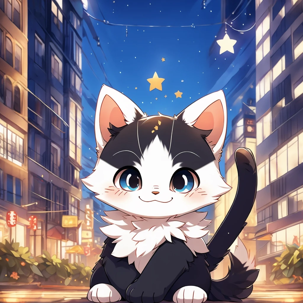 In the city、1 black kitten、(((Round white fur on forehead:1.3)))、(((smile:3.0)))