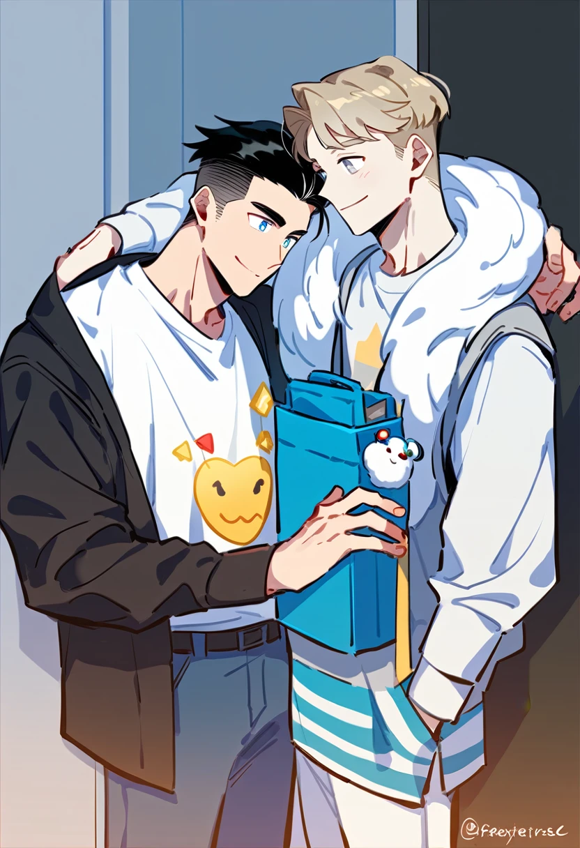 2 young men, focus man , Yaoi, pair, portable princess, bear, shirt, trousers, look elsewhere, smile, student, short hair, light brown hair, blue eyes, Acharya, black hair, Undercut style, gray eyes , The best aesthetics , best quality, Amazing quality, The best aesthetics, nonsense,bright