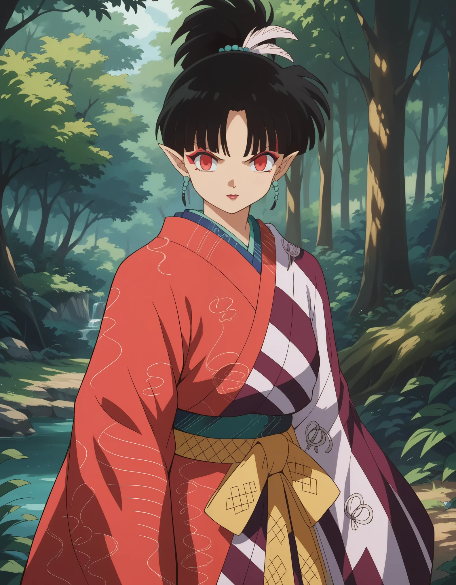 score_9, score_8_up, score_7_up, source_anime,
inuyashakagura, 
kagura, black hair, hair ornament, red eyes, pointy ears, makeup, feathers, feather hair ornament, ponytail,
jewelry, earrings, japanese clothes, kimono, makeup, red kimono,
outdoors, forest, nature,
looking at viewer, solo, 1girl,