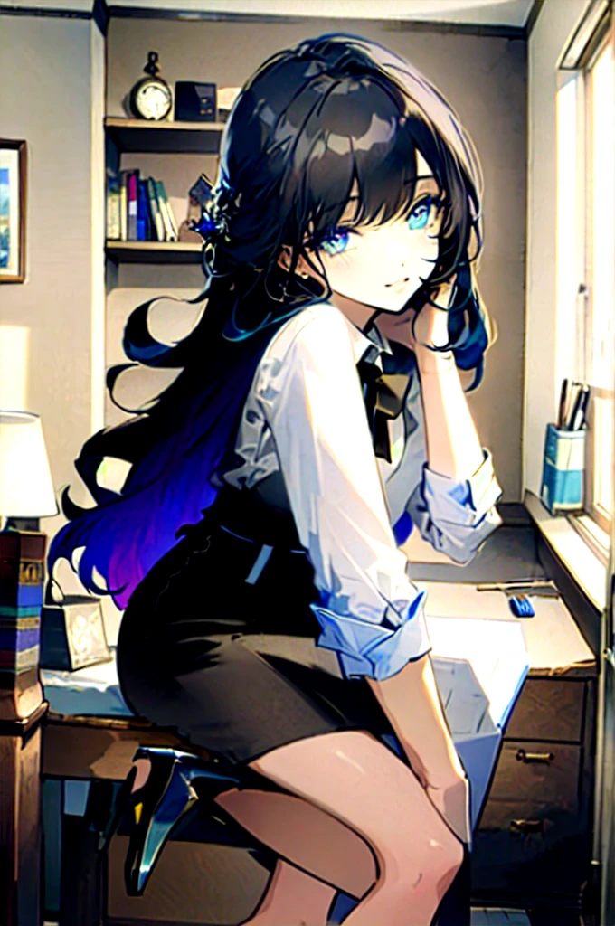 (masterpiece, best quality, ultra-detailed, beautiful detailed eyes:1.2), nice hand, perfect hands, 1girl, black hair, office lady, white collared shirt, pencil skirt, high heels, sitting on desk, office, indoors, pastel colors