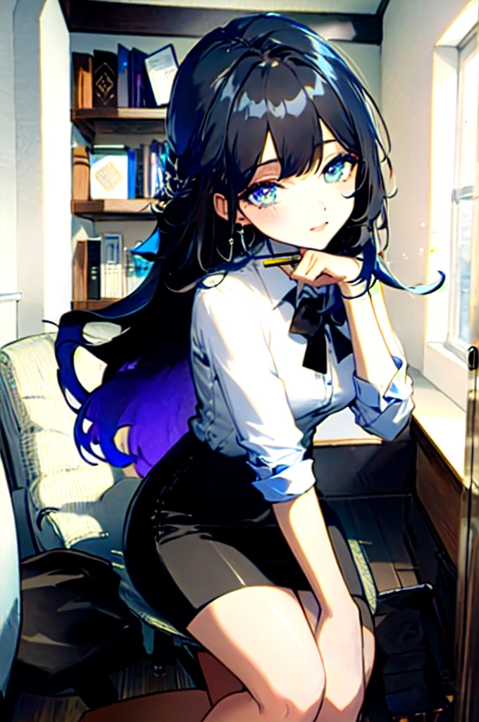 (masterpiece, best quality, ultra-detailed, beautiful detailed eyes:1.2), nice hand, perfect hands, 1girl, black hair, office lady, white collared shirt, pencil skirt, high heels, sitting on desk, office, indoors, pastel colors