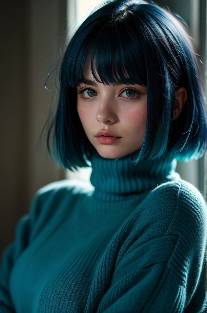 Instagram Photos, French woman, 21 years old, square hair cut,Blue hair, Close-up portrait, sweater, Neckline, pale, Sharp Shadow