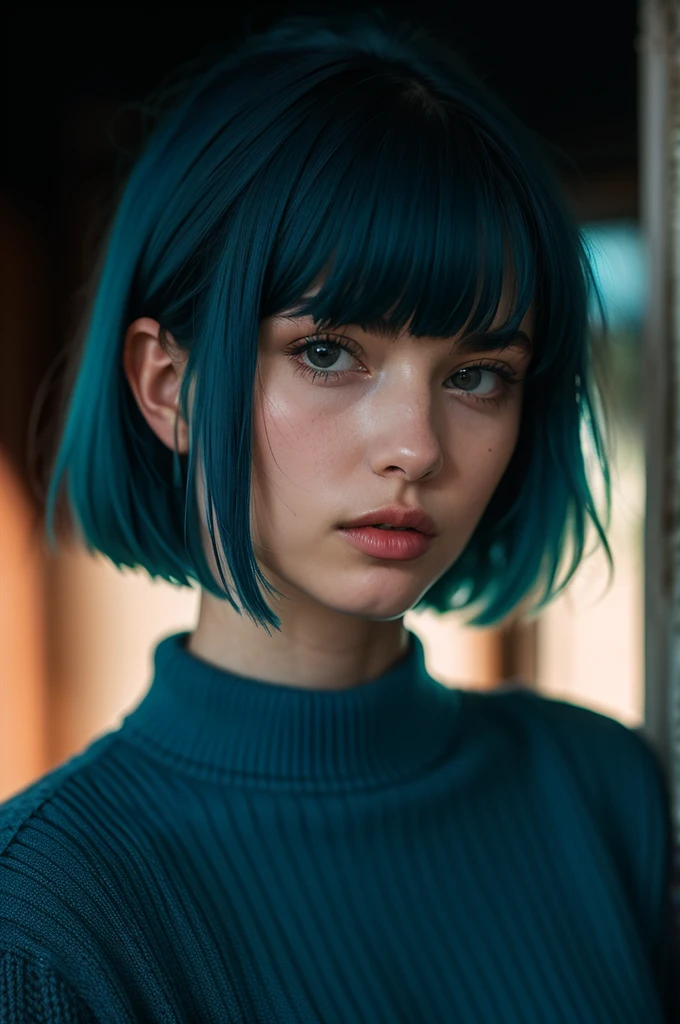 Instagram Photos, French woman, 21 years old, square hair cut,Blue hair, Close-up portrait, sweater, Neckline, pale, Sharp Shadow