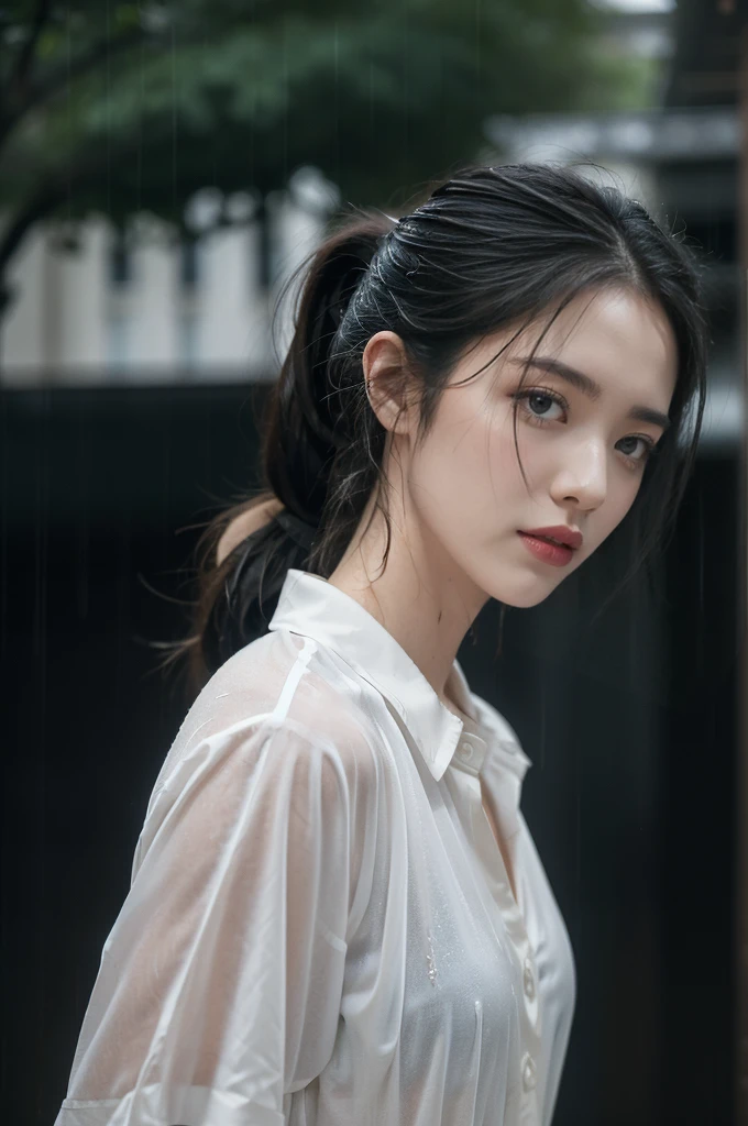 (((best quality))),(((ultra detailed))),(((masterpiece))),illustration,1girl, young,solo, slim,thin,short ponytail,small breasts,flat chest,white collared shirt,shorts,standing,arms behind back,rainy night, heavy rain, drenched clothes, melancholy expression, solitude, tear rolling down cheek, wet hair, empty streets, dimly lit, deserted environment, sound of rain, footsteps, symbol of hope, abandoned, resilience, determination, walking in rain, heartbreak, loss, love fading, loneliness, body language, facial expression, dreary atmosphere, rain-soaked streets, somber mood, viewer engagement,((upper body,from front)),urban scape,night scene,((sweat,wet,shiny skin))