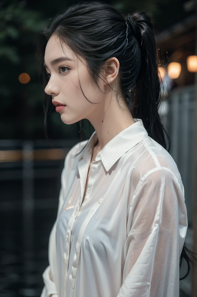 (((best quality))),(((ultra detailed))),(((masterpiece))),illustration,1girl, young,solo, slim,thin,short ponytail,small breasts,flat chest,white collared shirt,shorts,standing,arms behind back,rainy night, heavy rain, drenched clothes, melancholy expression, solitude, tear rolling down cheek, wet hair, empty streets, dimly lit, deserted environment, sound of rain, footsteps, symbol of hope, abandoned, resilience, determination, walking in rain, heartbreak, loss, love fading, loneliness, body language, facial expression, dreary atmosphere, rain-soaked streets, somber mood, viewer engagement,((upper body,from front)),urban scape,night scene,((sweat,wet,shiny skin))