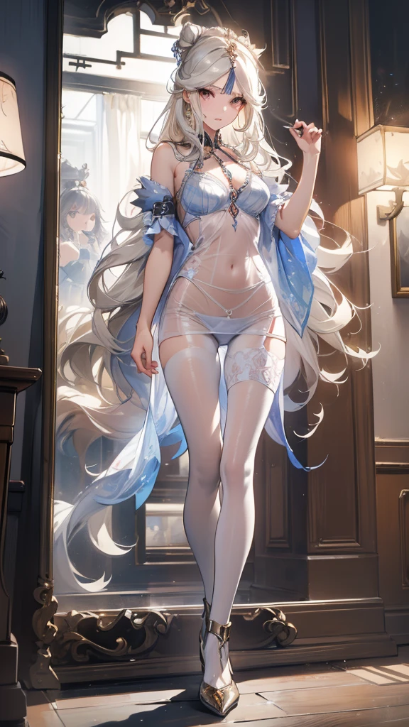 ((masterpiece, best quality)), Delicate face,goddess,whole body,Long legs,Standing picture,Perfect body proportions,Long wavy hair,beautiful eyes,Fantasy style,Extremely beautiful,Pure white background,Mirror,transparent,Sexy Lingerie,chain,Pantyhose