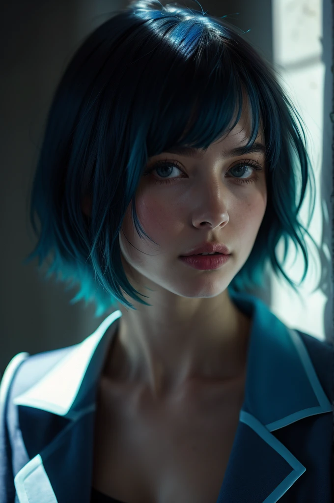 Instagram Photos, French woman, 21 years old, square hair cut,Blue hair, Close-up portrait, Jacket,shirt, Neckline, pale, Sharp Shadow